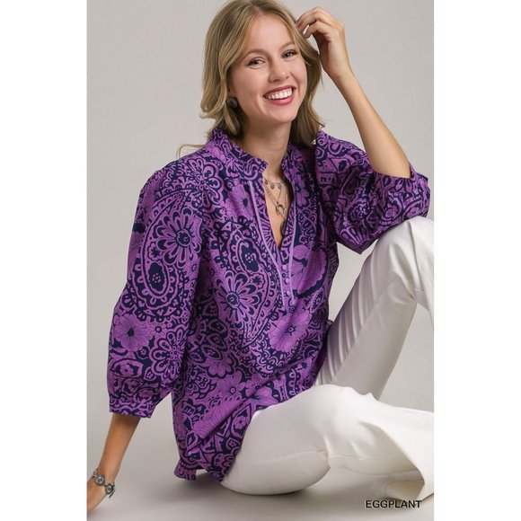 Umgee Ruffled Bow Print Notched Blouse
